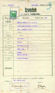 Vera Tomanic's grandfather Marko Grunwald's birth certificate